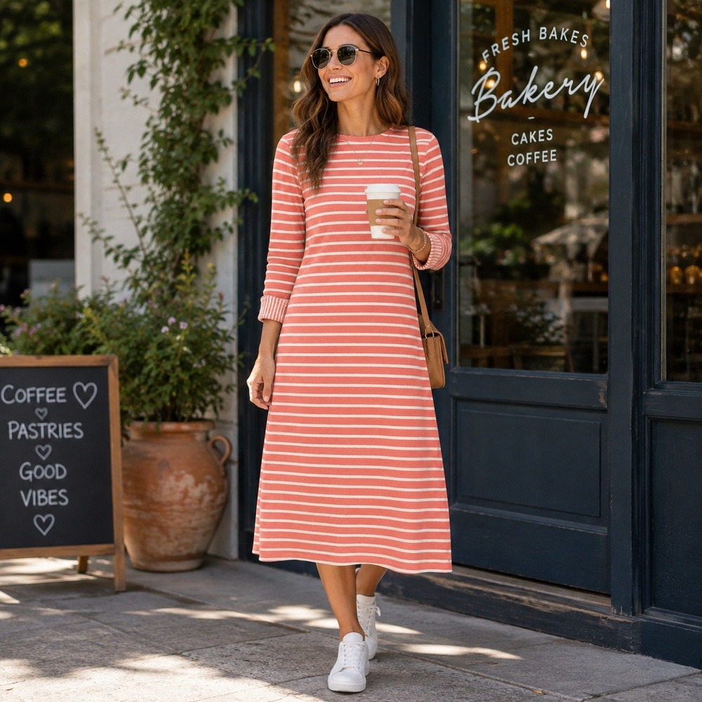 DE Collection Womens XS Coral Pink White Striped Boat Neck 3/4 Sleeve Knit Dress